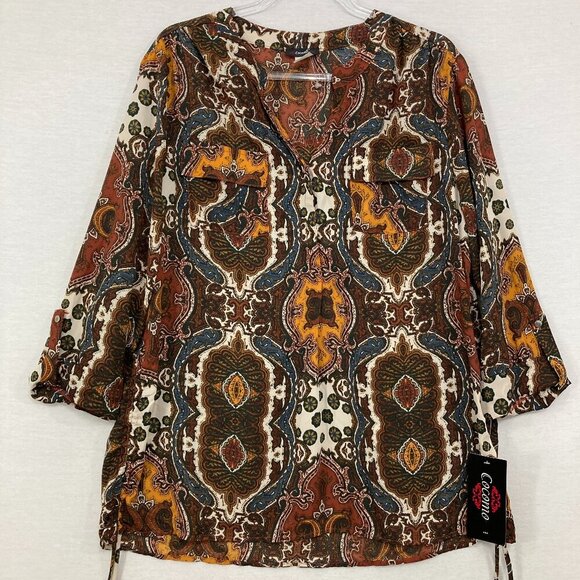 Cocomo Tops - New Cocomo size XL‎ V Neck 3/4 Sleeve Brown Boho Abstract Print Popover Blouse